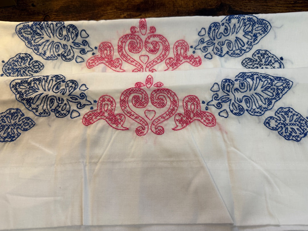 Pr Vtg Embroidered Pillow case Blue Pink