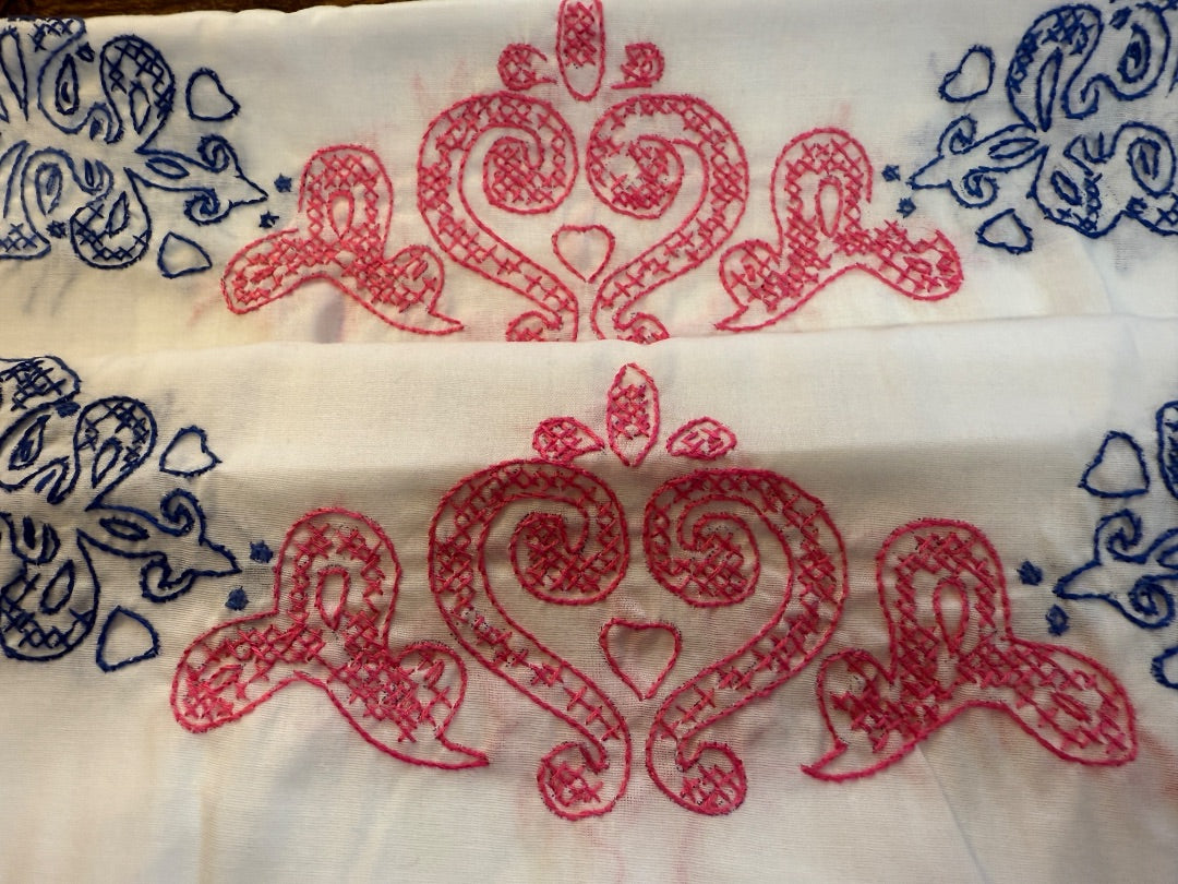 Pr Vtg Embroidered Pillow case Blue Pink