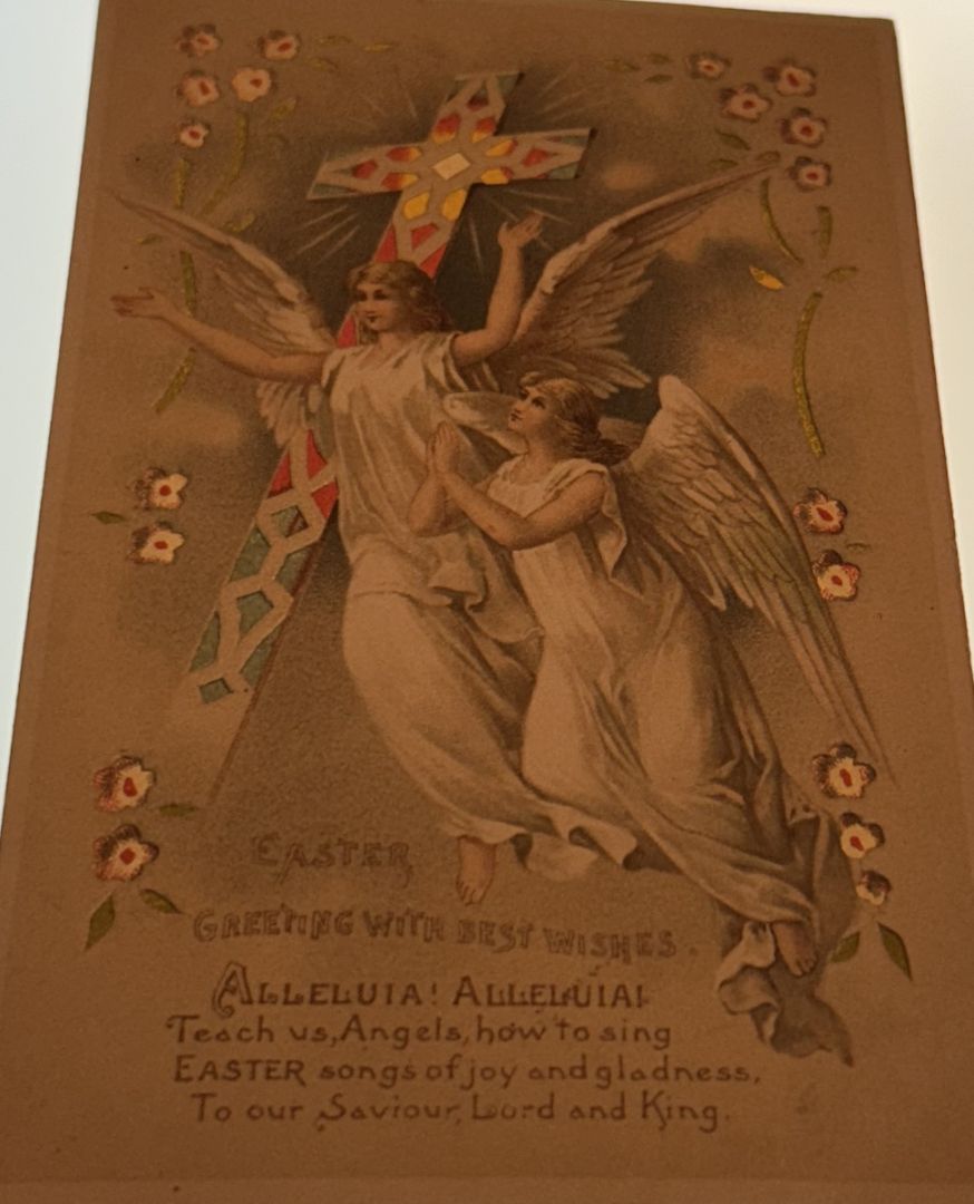 Easter Greeting With Best Wishes HTL Hold to the Light Angels Stained Glass Cross Vintage Postcard