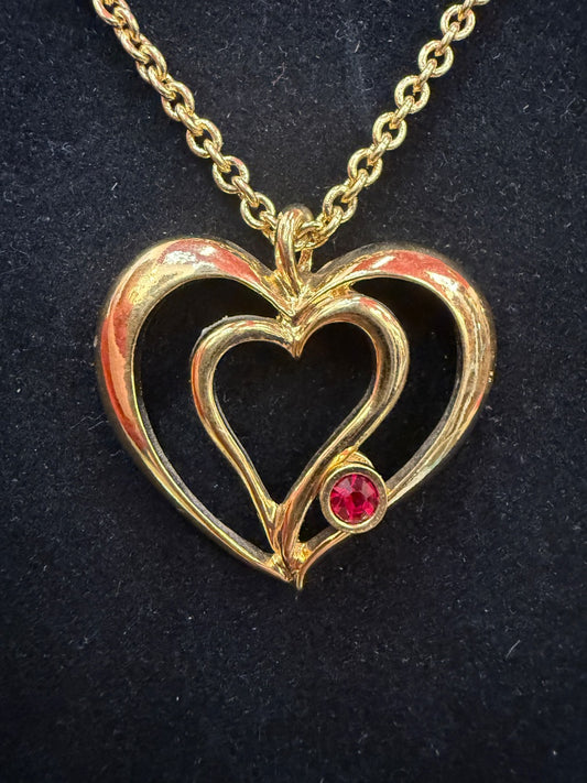 Vtg Avon Gold Hearts Necklace Red Gem