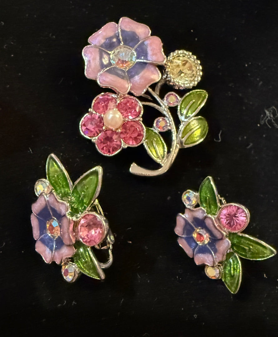 Pink Unsigned Flowers Brooch Earring Set