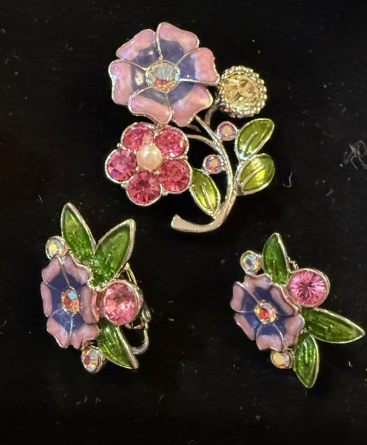 Pink Unsigned Flowers Brooch Earring Set