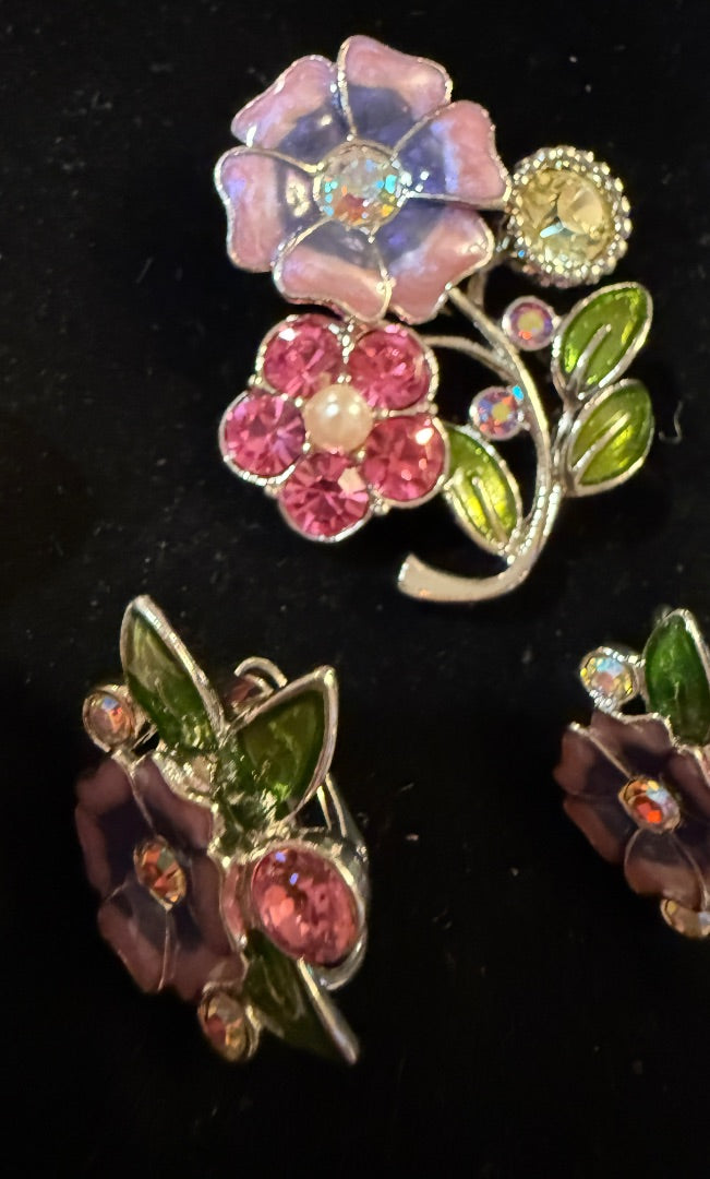 Pink Unsigned Flowers Brooch Earring Set