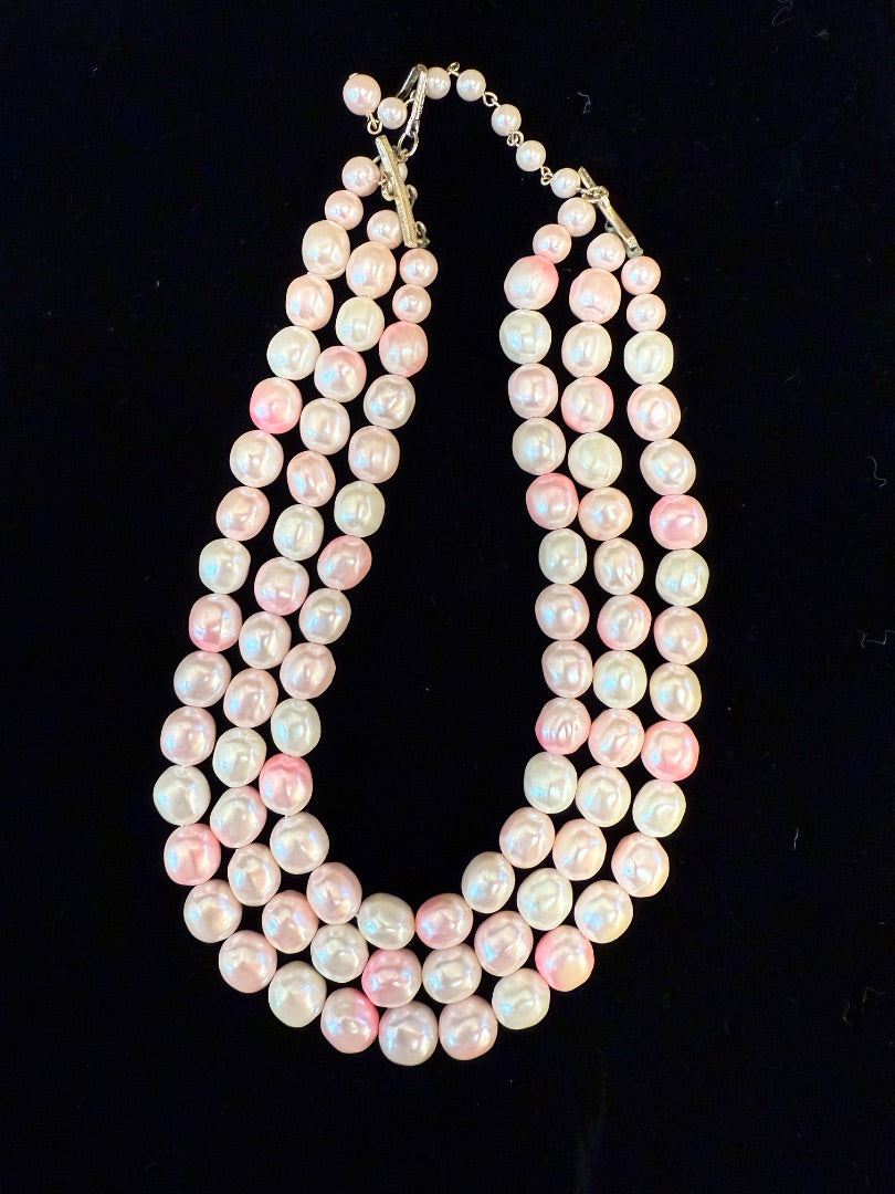 Pink  Vintage 3 strand faux pearl Necklace