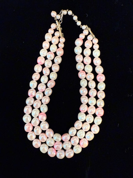 Pink  Vintage 3 strand faux pearl Necklace