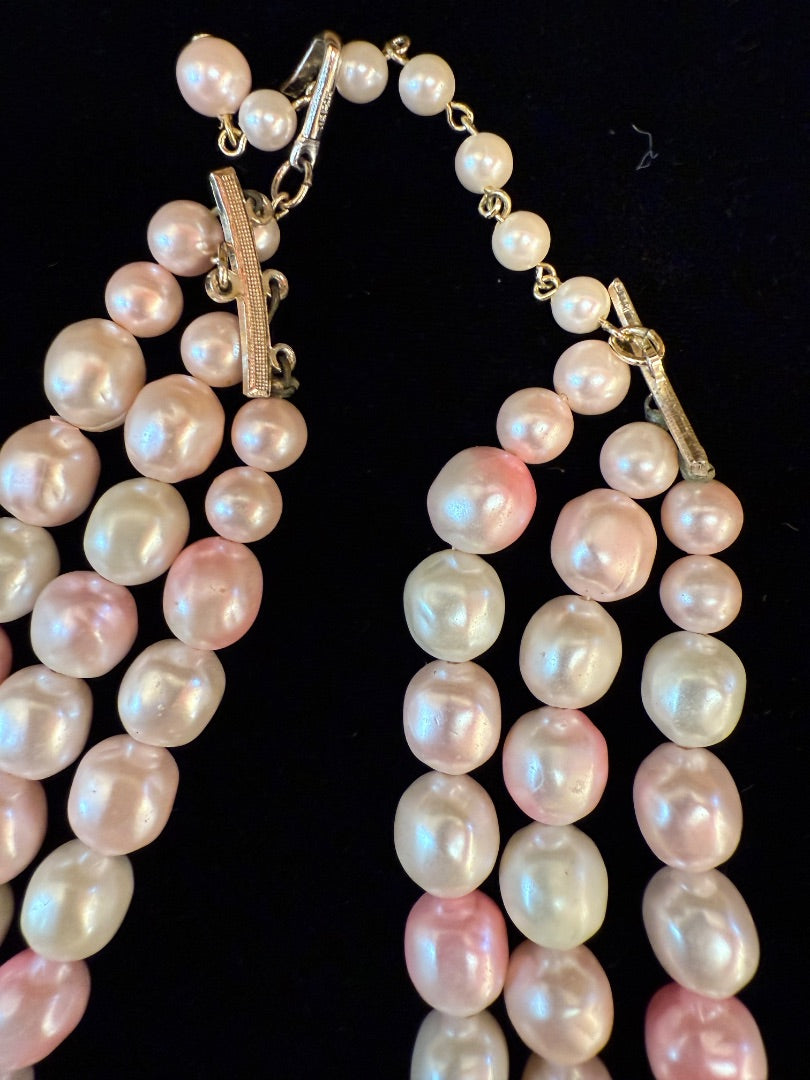Pink  Vintage 3 strand faux pearl Necklace