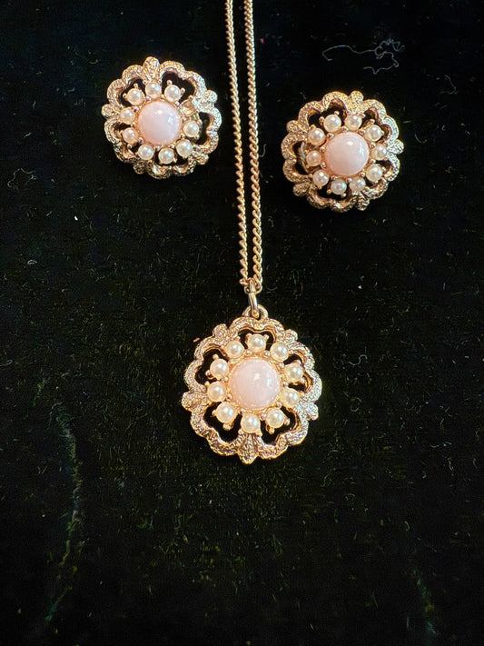 Pink gold Cabochen Necklace Clip Earring Set