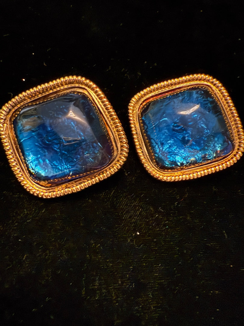 Blue Jeweled Clip Earrings
