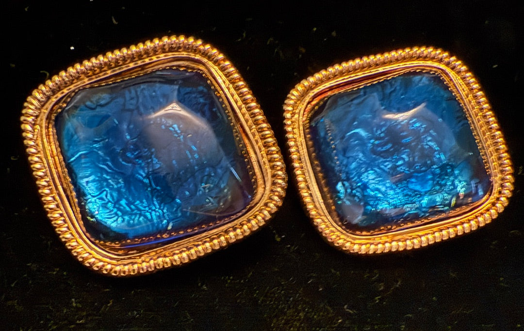 Blue Jeweled Clip Earrings