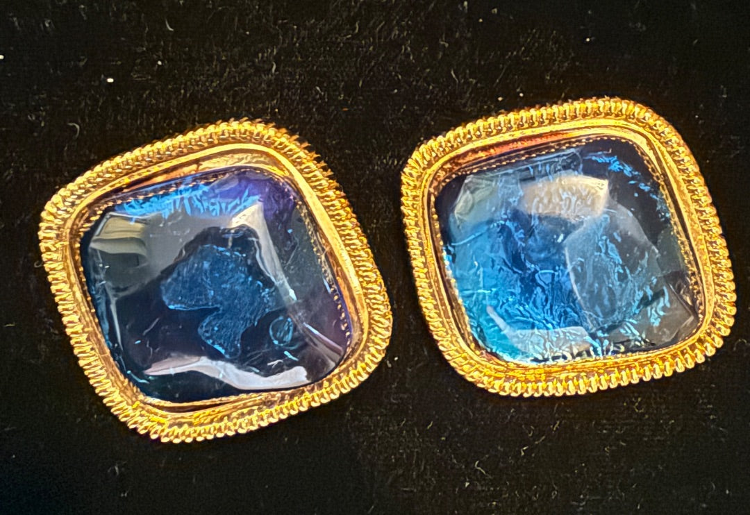 Blue Jeweled Clip Earrings