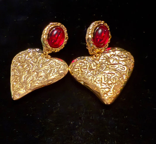 Gold Toned Vintage Avon Heart Red Clip Earrings