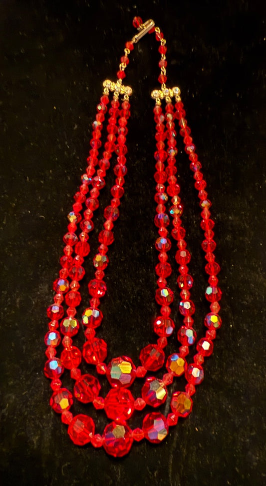Vintage 3 Strand MCM Crystal Red Necklace Aurora Borealis
