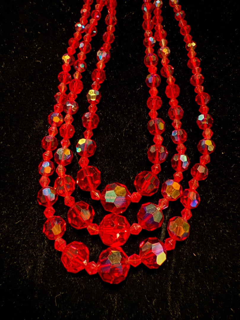Vintage 3 Strand MCM Crystal Red Necklace Aurora Borealis