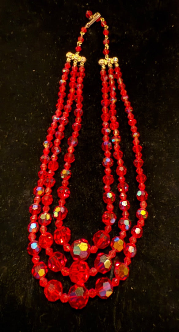 Vintage 3 Strand MCM Crystal Red Necklace Aurora Borealis