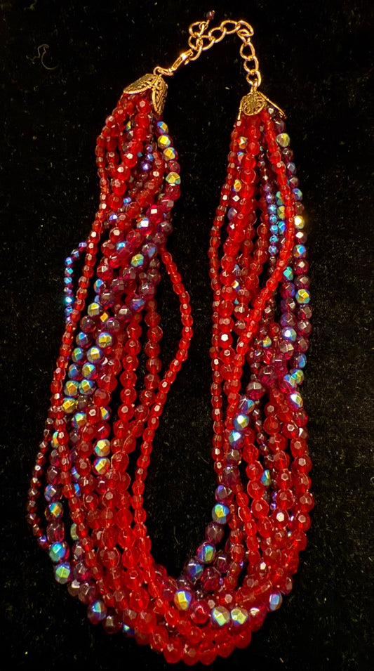 Vintage red Aurora Borialis 9 strand resin necklace