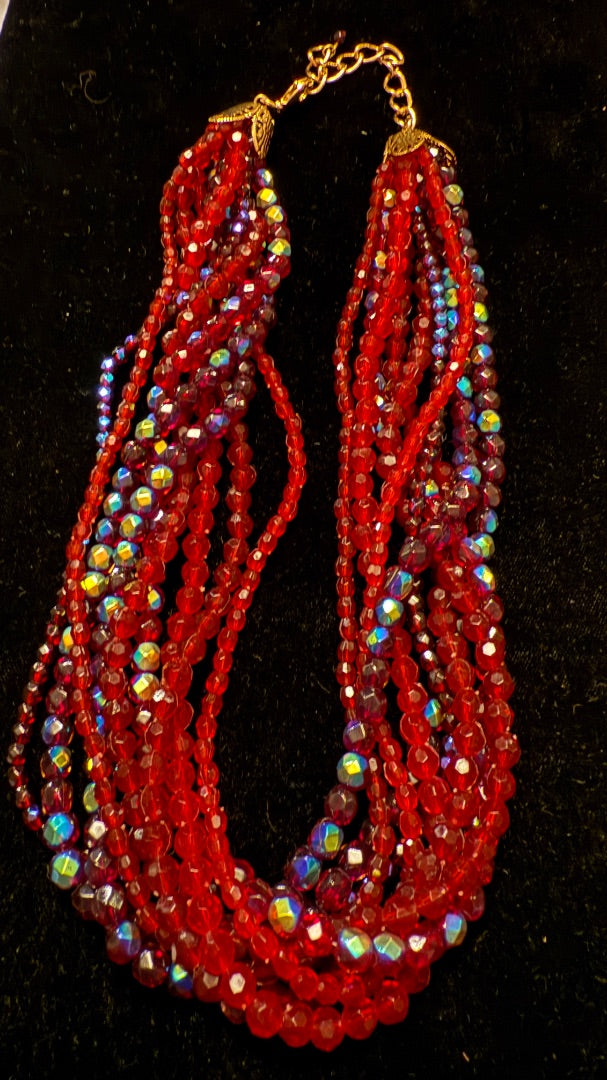 Vintage red Aurora Borialis 9 strand resin necklace