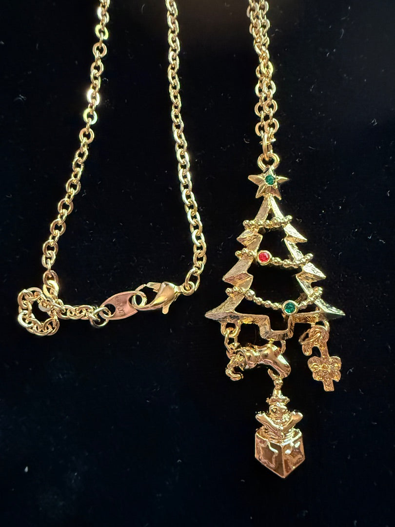Gold Christmas tree necklace with presents