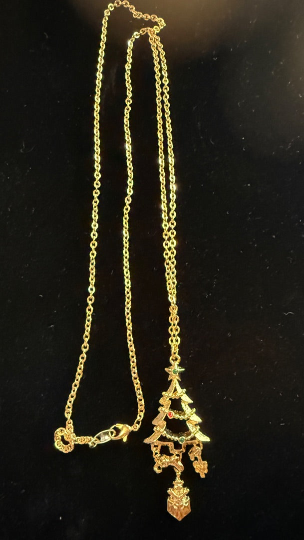 Gold Christmas tree necklace with presents
