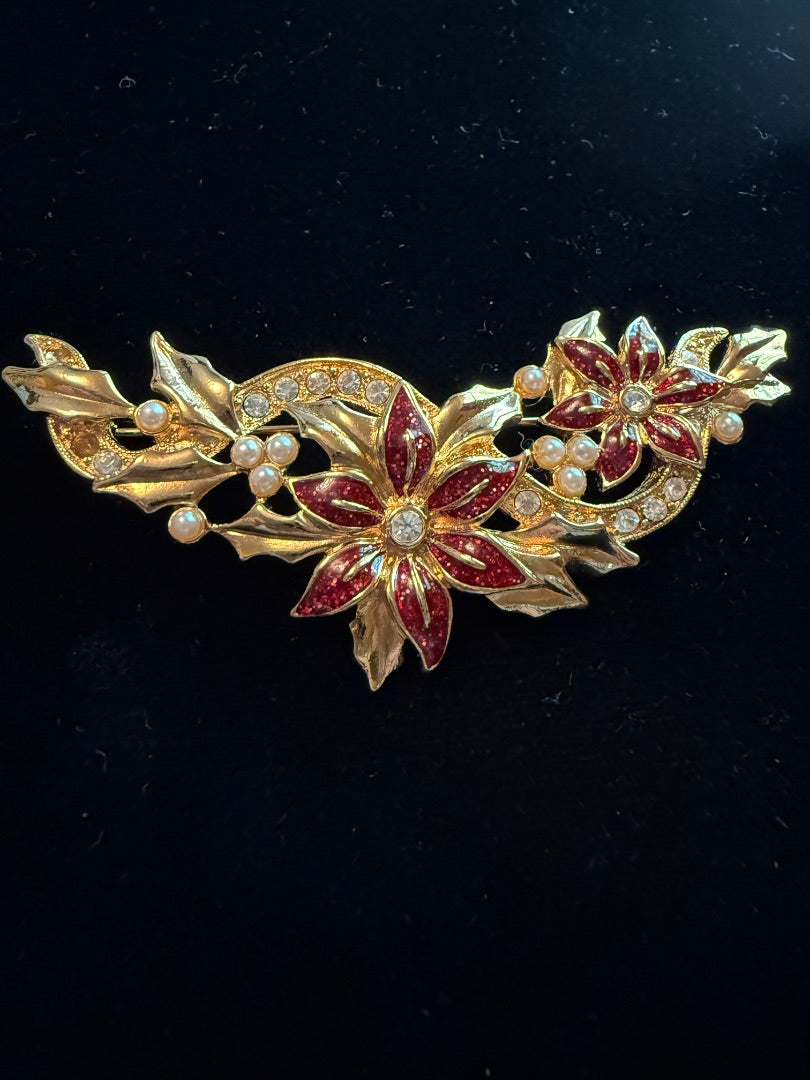 Lg Poinsettia Pin Red Gold Christmas