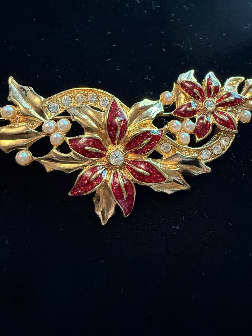 Lg Poinsettia Pin Red Gold Christmas