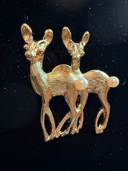 Gold Twin Deer Pin Brooch with Pearl