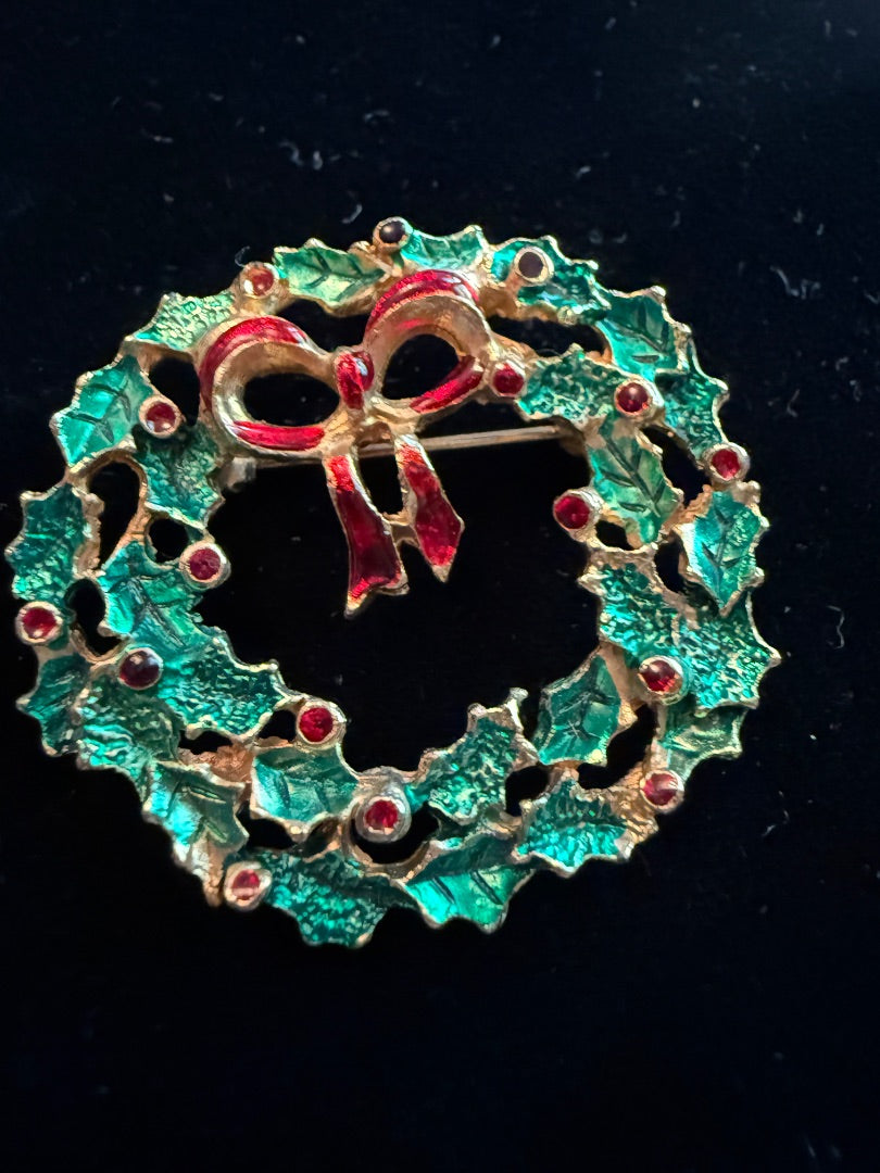 Vintage Green Christmas Wreath Pin Brooch