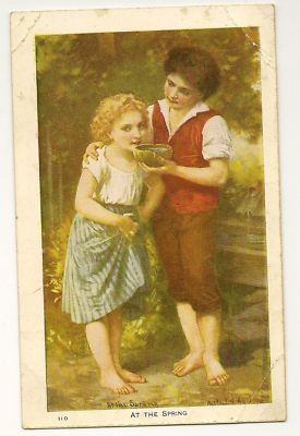 At the Spring Boy gives Girl Water Artist Signed 110 Children Postcard