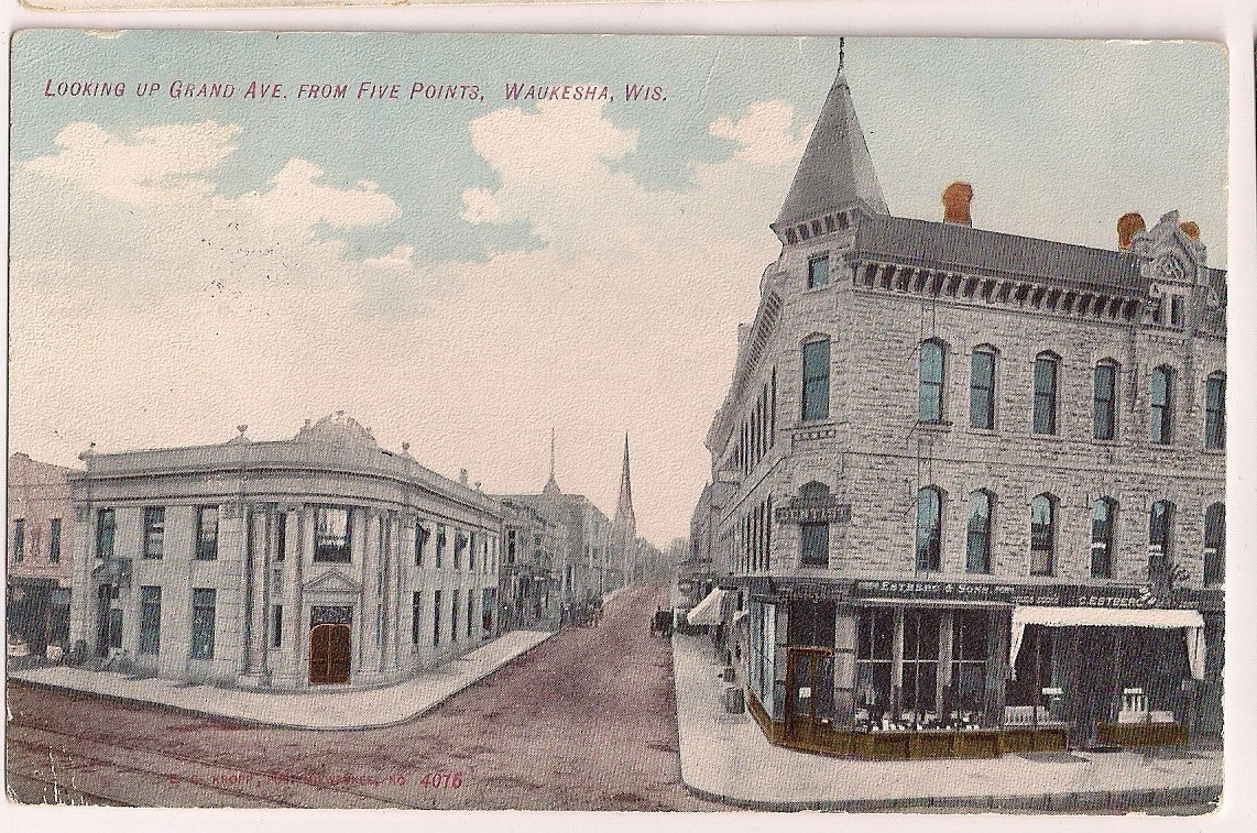 Looking up Grand Ave Five points Waukesha WI Wisconsin  Postcard