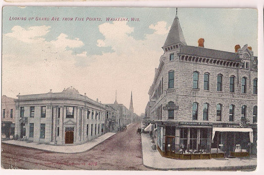 Looking up Grand Ave Five points Waukesha WI Wisconsin  Postcard