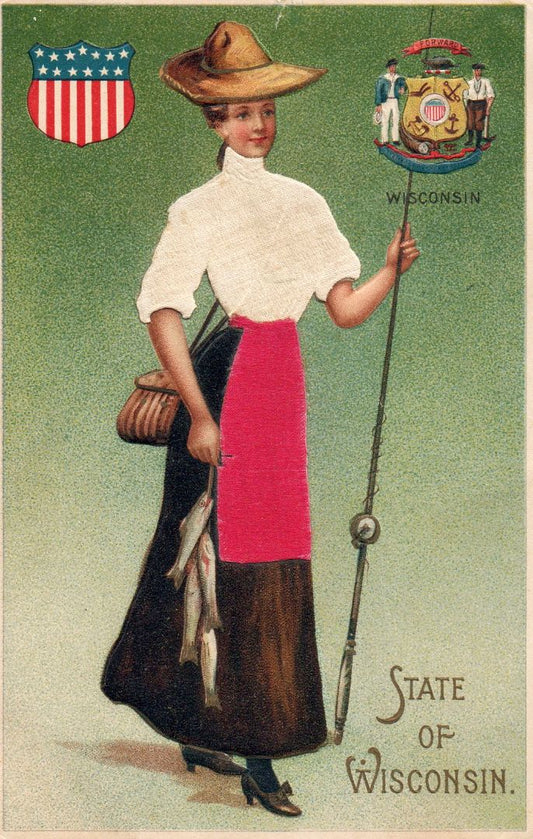 Women representing the State of Wisconsin holding fish and a fishing pole wearing a brown skirt white shirt and red silk apron