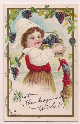 Girl with Braided Hair Basket of Grapes Turkey Thanksgiving Children Series 252C