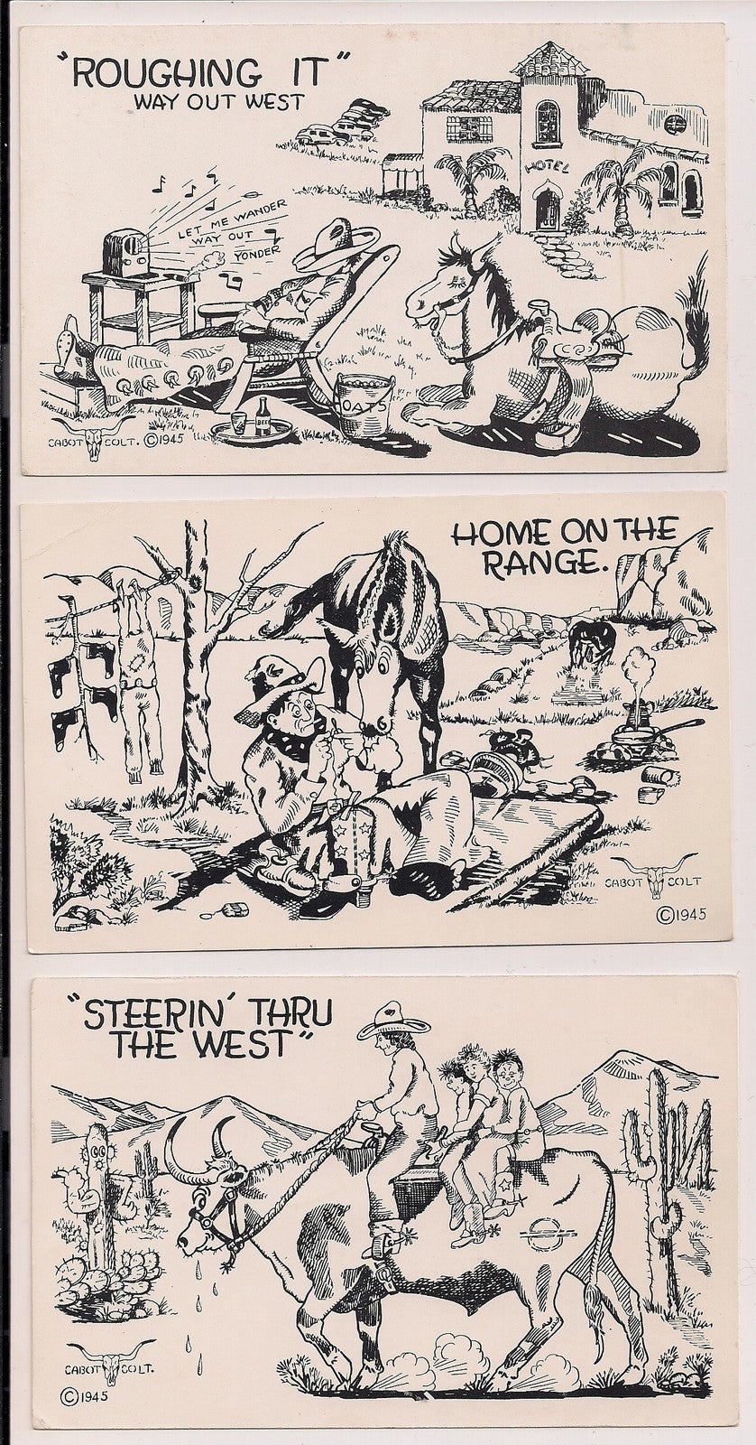 Lot of 3 Cabot Colt Roughing It Home On The Range Steering Thru West Postcard