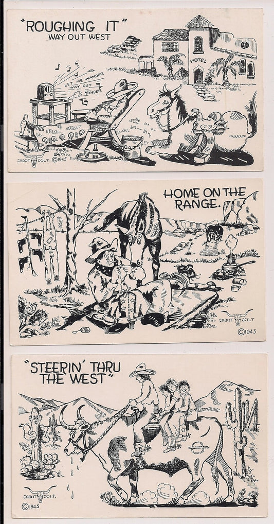 Lot of 3 Cabot Colt Roughing It Home On The Range Steering Thru West Postcard