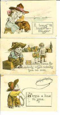 Set of 3 Artist Signed Wall Cowboy Girl Sitting on Bench Western Postcards