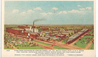Pure Food Factories Postum Cereal Battle Creek MI Michigan Mich  Postcard