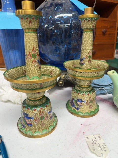 Pair (2) Cloisonne’ bronze candle holders