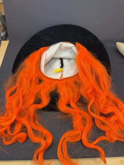 Black and orange witch hat with orange wig hair attached