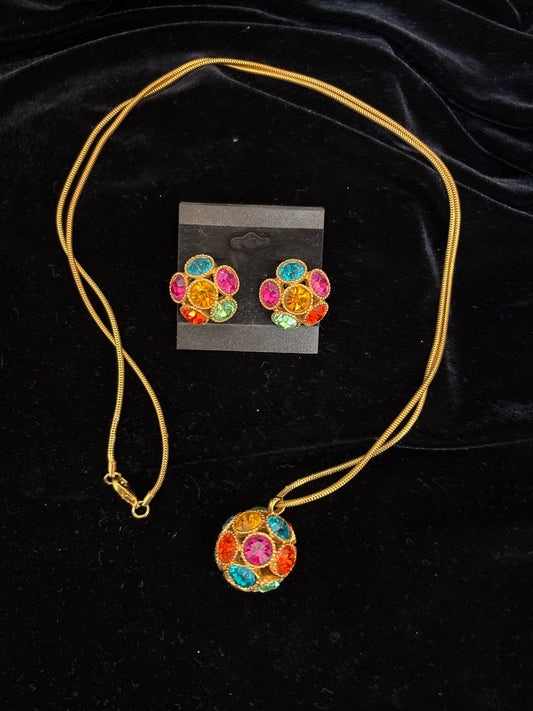 1970's R J Garzoni Signed Fabulous Multi Rhinestone Ball necklace earrings set