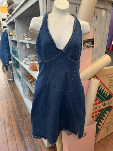 Vintage Y2K Denim Halter Dress, Small/Medium