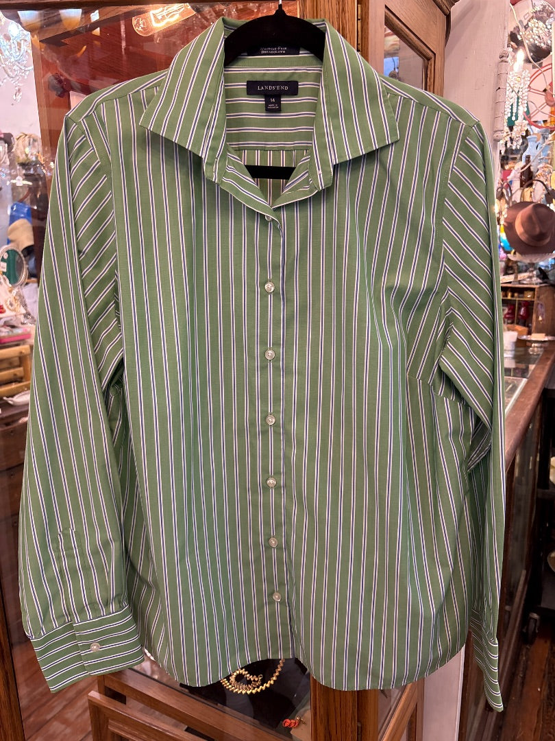 LandsEnd Green Stripe Blouse 14