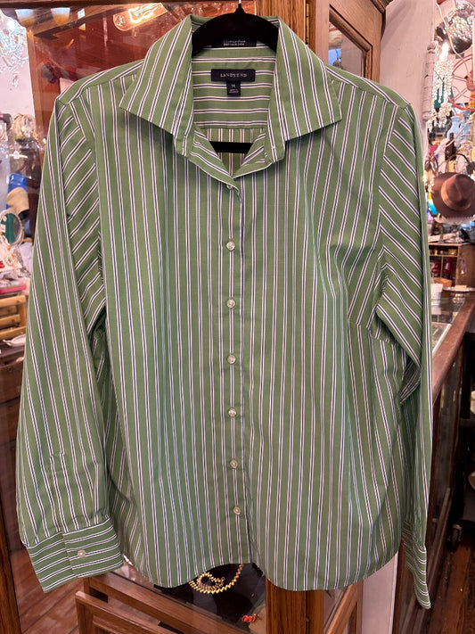 LandsEnd Green Stripe Blouse 14