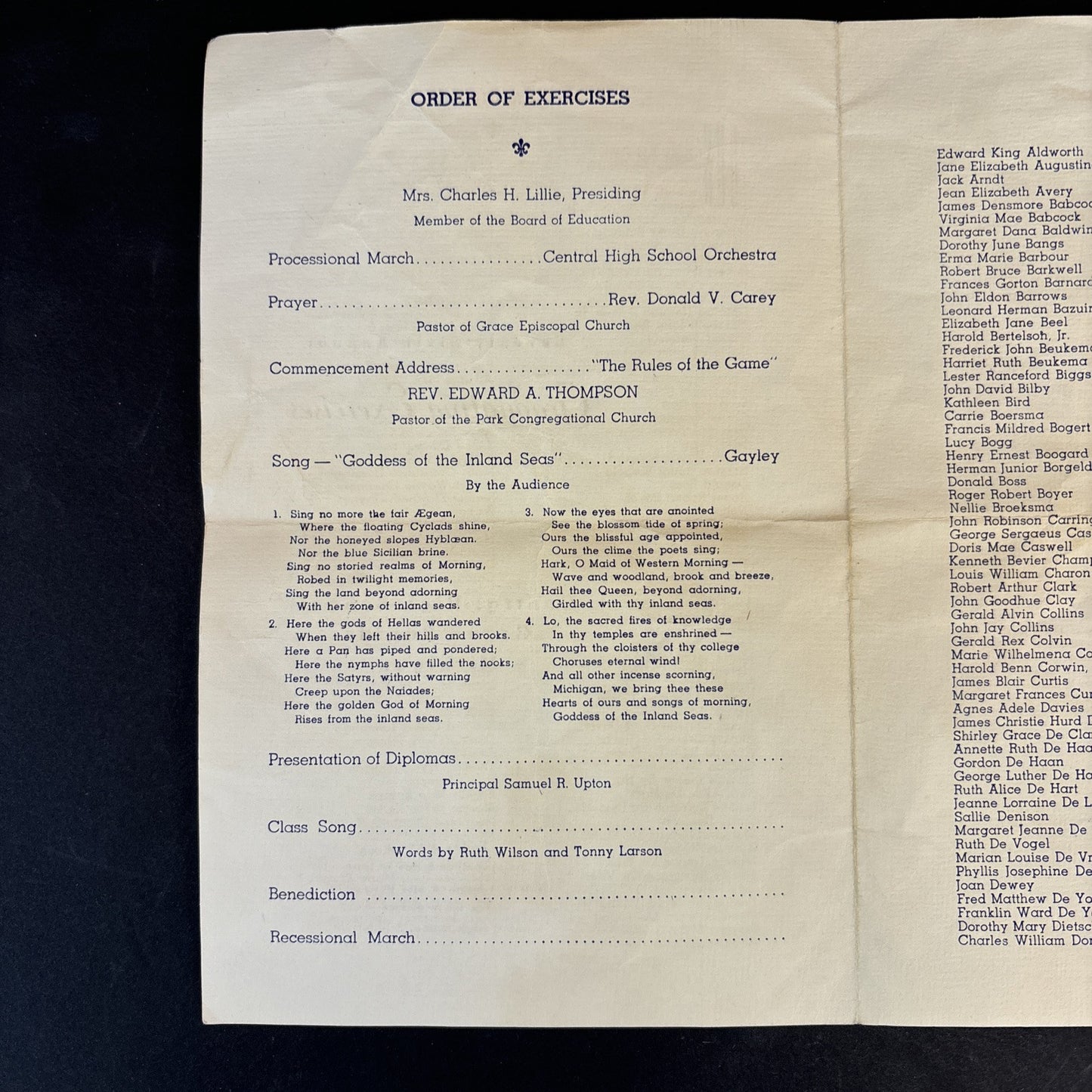 1938 Graduation Program Central High School Grand Rapids Michigan brochure
