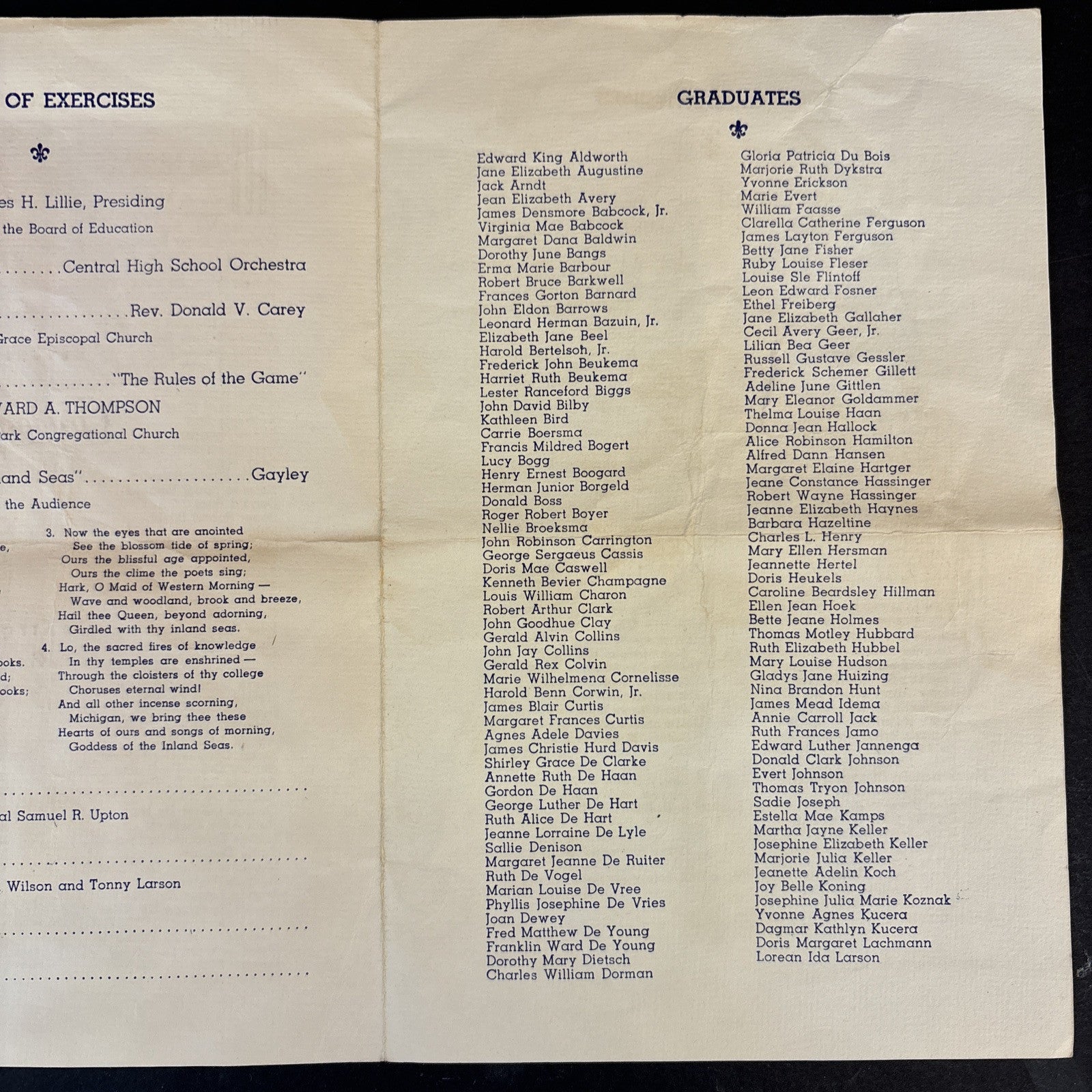 1938 Graduation Program Central High School Grand Rapids Michigan brochure