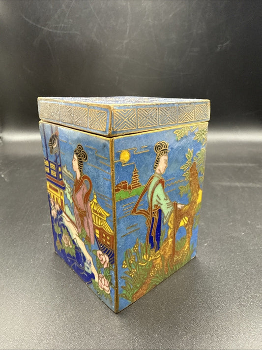 Blue Gold Asian Chinese Enamel Brass Cloisonne Round Box Vintage 3"