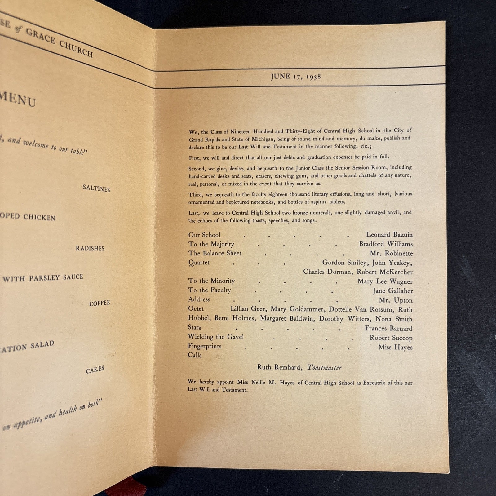1938 Last Will & Testament of Class Central High School in Grand Rapids Michigan